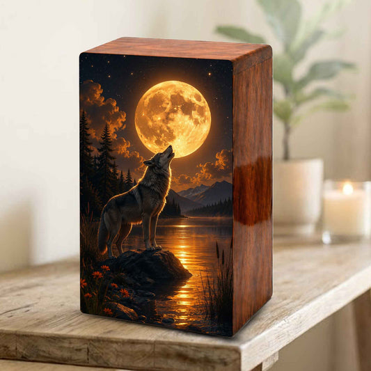 Moonlit Wolf Urn For Ashes Male - Animal Cremation Keepsake Urns For Dad