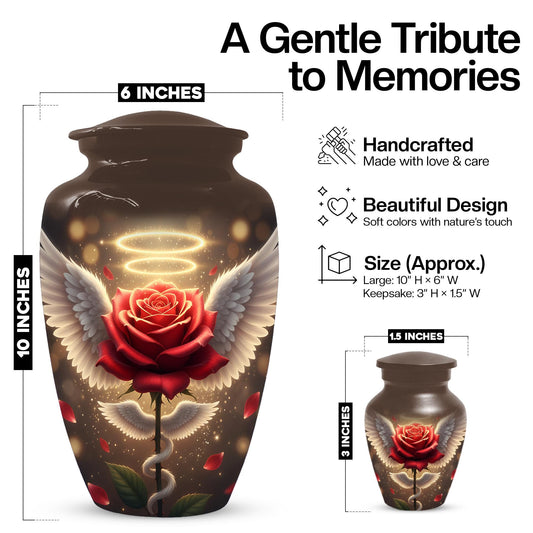 Red Rose Urn For Adult Female | Angel Wings Flower Urns For Human Ashes