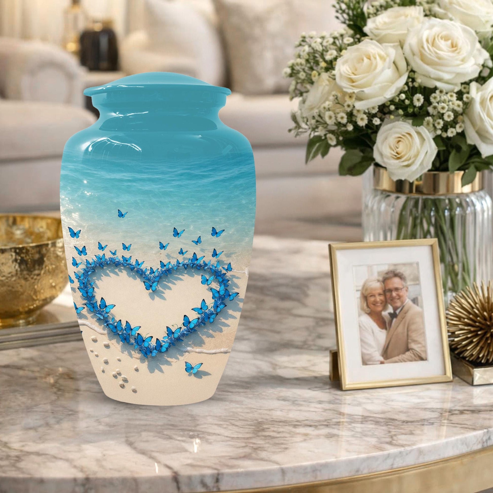 Blue Butterfly Heart Urn For Mom - Ocean Small Keepsake Urns with Butterflies