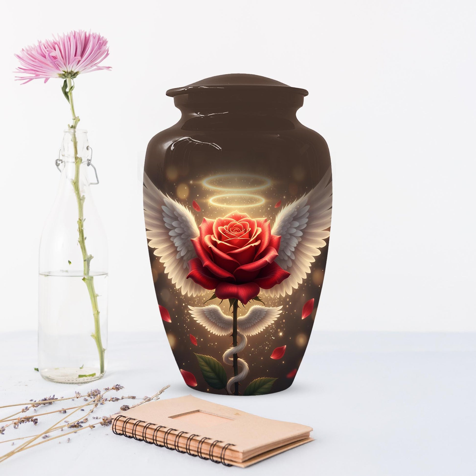 Red Rose Urn For Adult Female | Angel Wings Flower Urns For Human Ashes
