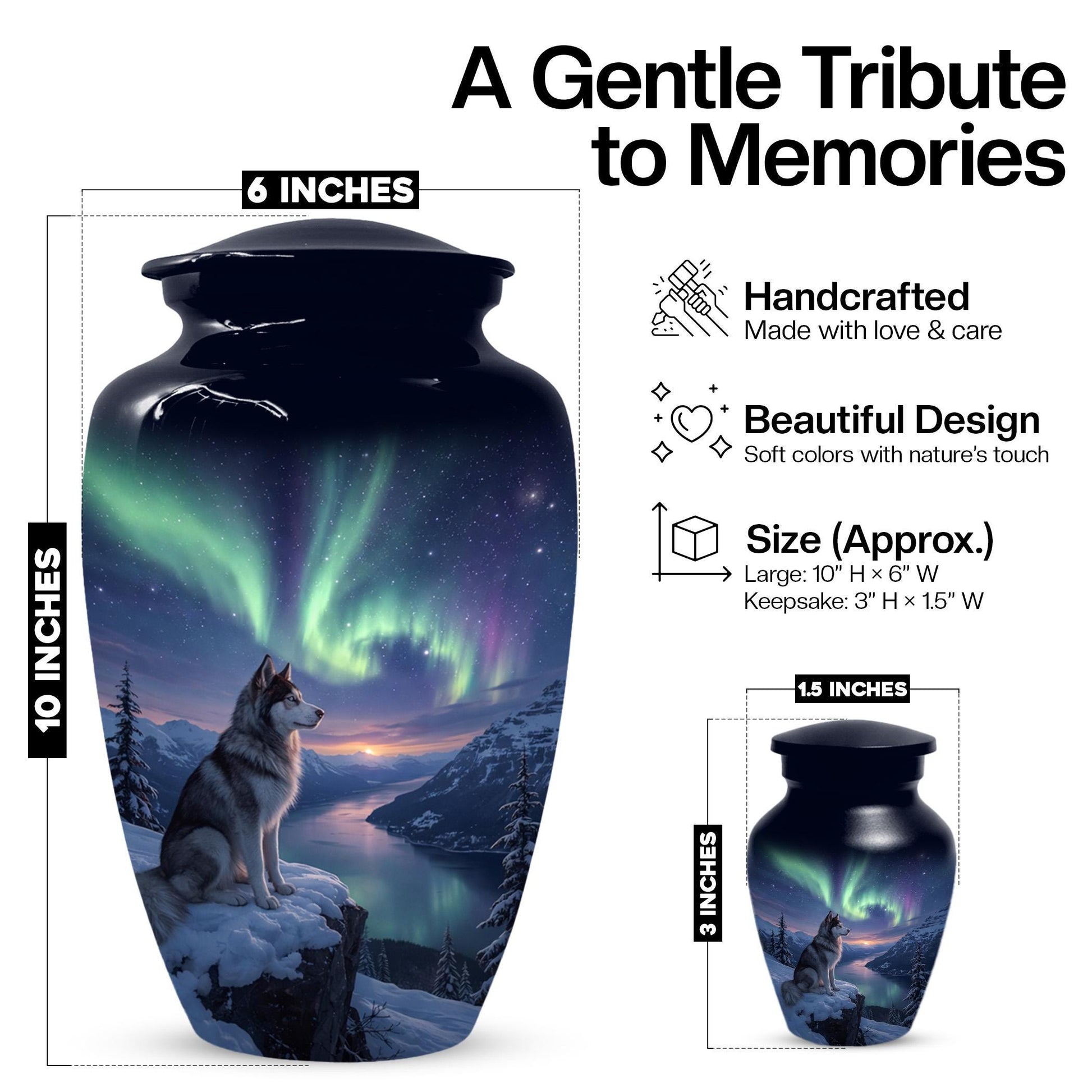 Husky Dog Urn for Ashes - Aurora Borealis Mini Urns For Pets
