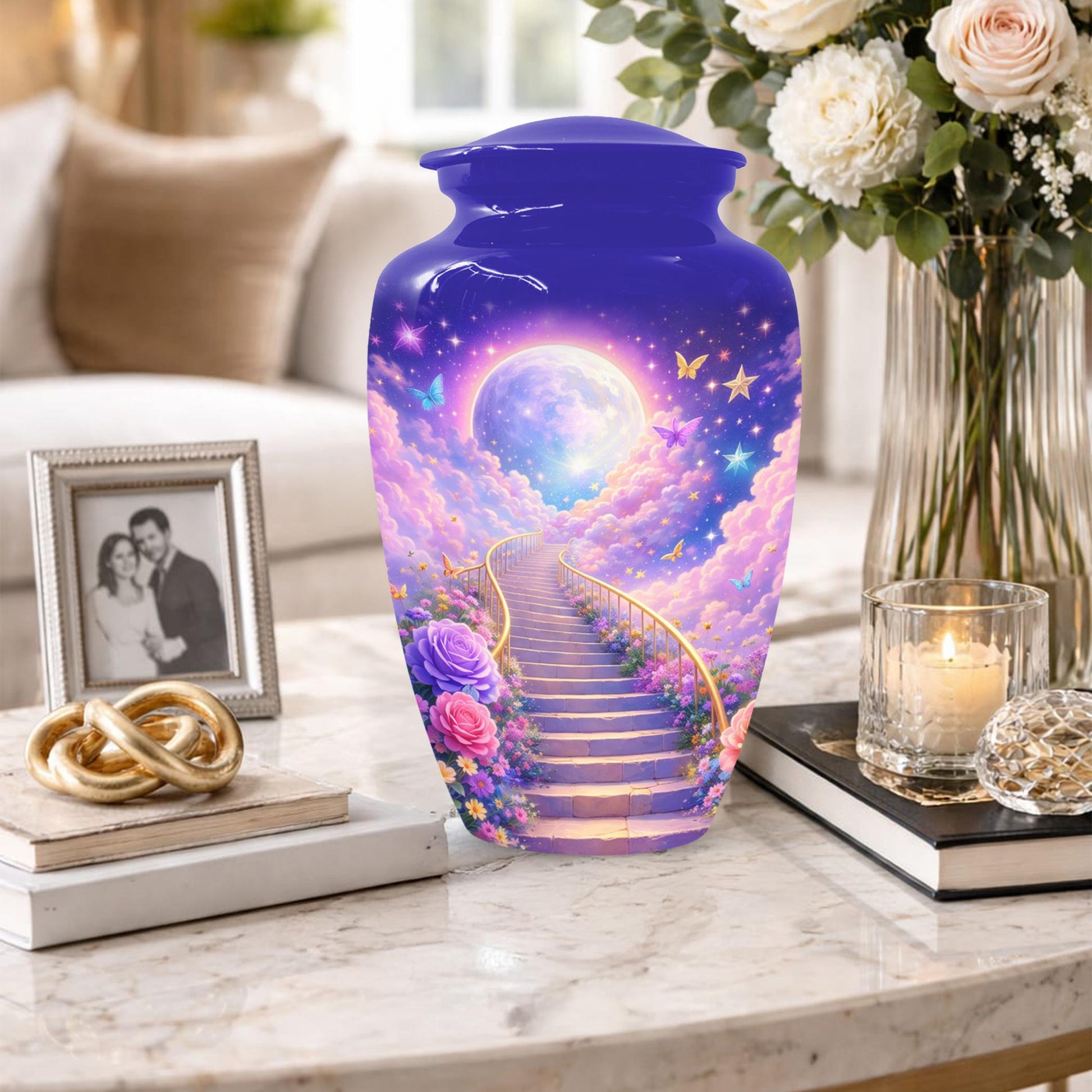 Floral Stairway Heaven Urn For Human Ashes - Moonlit Urns For Cremation, Funeral