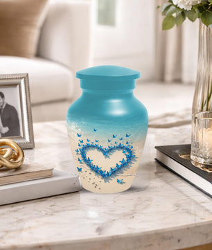 Blue Butterfly Heart Urn For Mom - Ocean Small Keepsake Urns with Butterflies