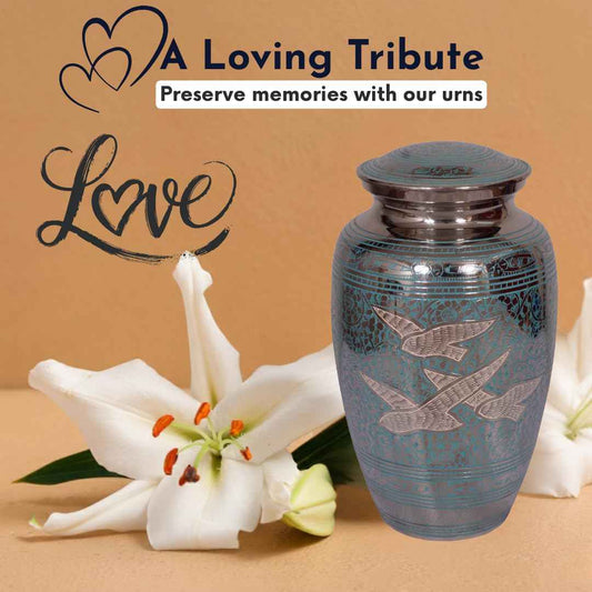 Brass Urn for Human Ashes Adult Man, Dove Urn for Ashes for Women, Decorative Urns for Human Ash, Memorial Burial Urn for Adults, (Large 10 Inch, Upto 200 Cubic Inches Capacity)
