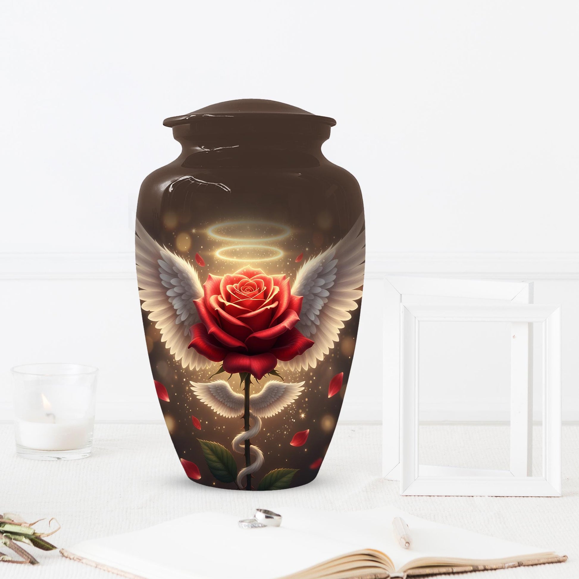 Red Rose Urn For Adult Female | Angel Wings Flower Urns For Human Ashes