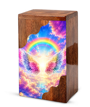 Rainbow Wings Wooden Cremation Urn – Personalized Memorial Urn for Human Ashes | Angel Wings Rainbow Memorial Urn