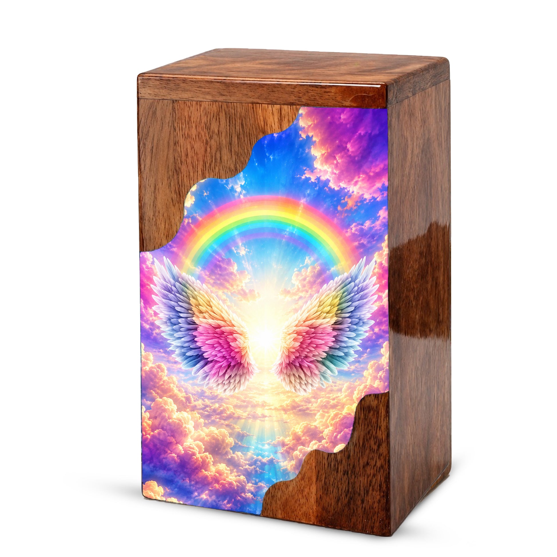 Rainbow Wings Wooden Cremation Urn – Personalized Memorial Urn for Human Ashes | Angel Wings Rainbow Memorial Urn