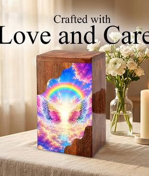 Rainbow Wings Wooden Cremation Urn – Personalized Memorial Urn for Human Ashes | Angel Wings Rainbow Memorial Urn