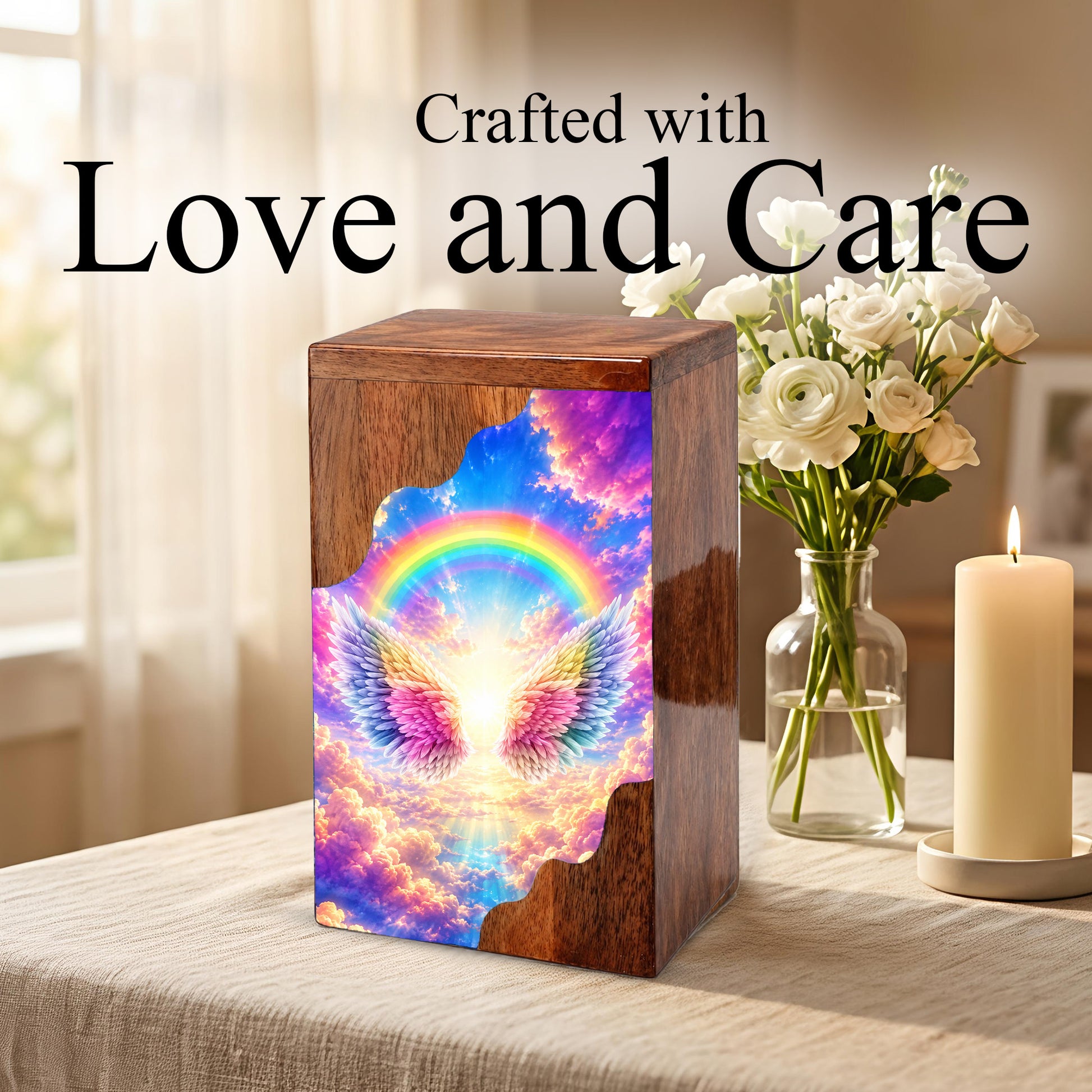 Rainbow Wings Wooden Cremation Urn – Personalized Memorial Urn for Human Ashes | Angel Wings Rainbow Memorial Urn