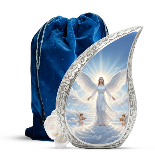 Personalized Angel Cremation Urn – Custom Heavenly Memorial Urn for Ashes, Guardian Angel Teardrop Aluminum Adult Urn, 10 Inch
