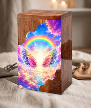 Rainbow Wings Wooden Cremation Urn – Personalized Memorial Urn for Human Ashes | Angel Wings Rainbow Memorial Urn