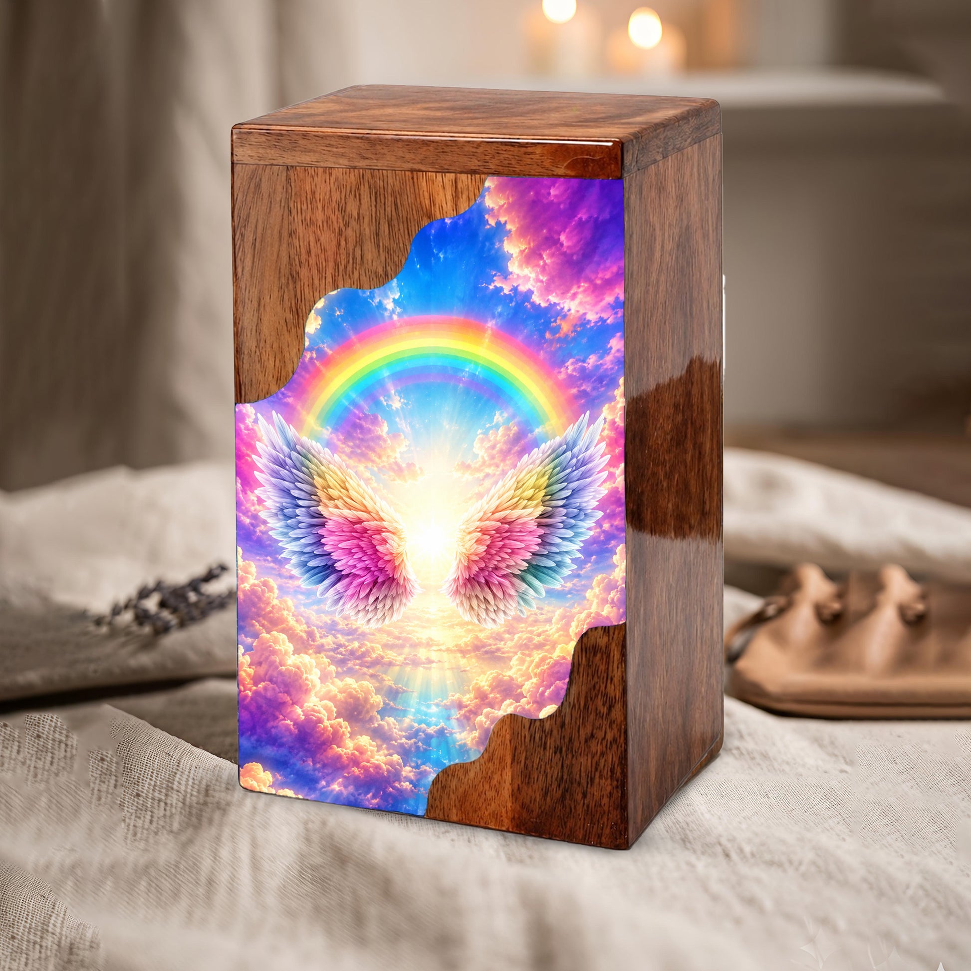 Rainbow Wings Wooden Cremation Urn – Personalized Memorial Urn for Human Ashes | Angel Wings Rainbow Memorial Urn