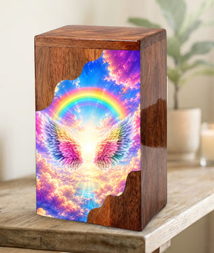 Rainbow Wings Wooden Cremation Urn – Personalized Memorial Urn for Human Ashes | Angel Wings Rainbow Memorial Urn