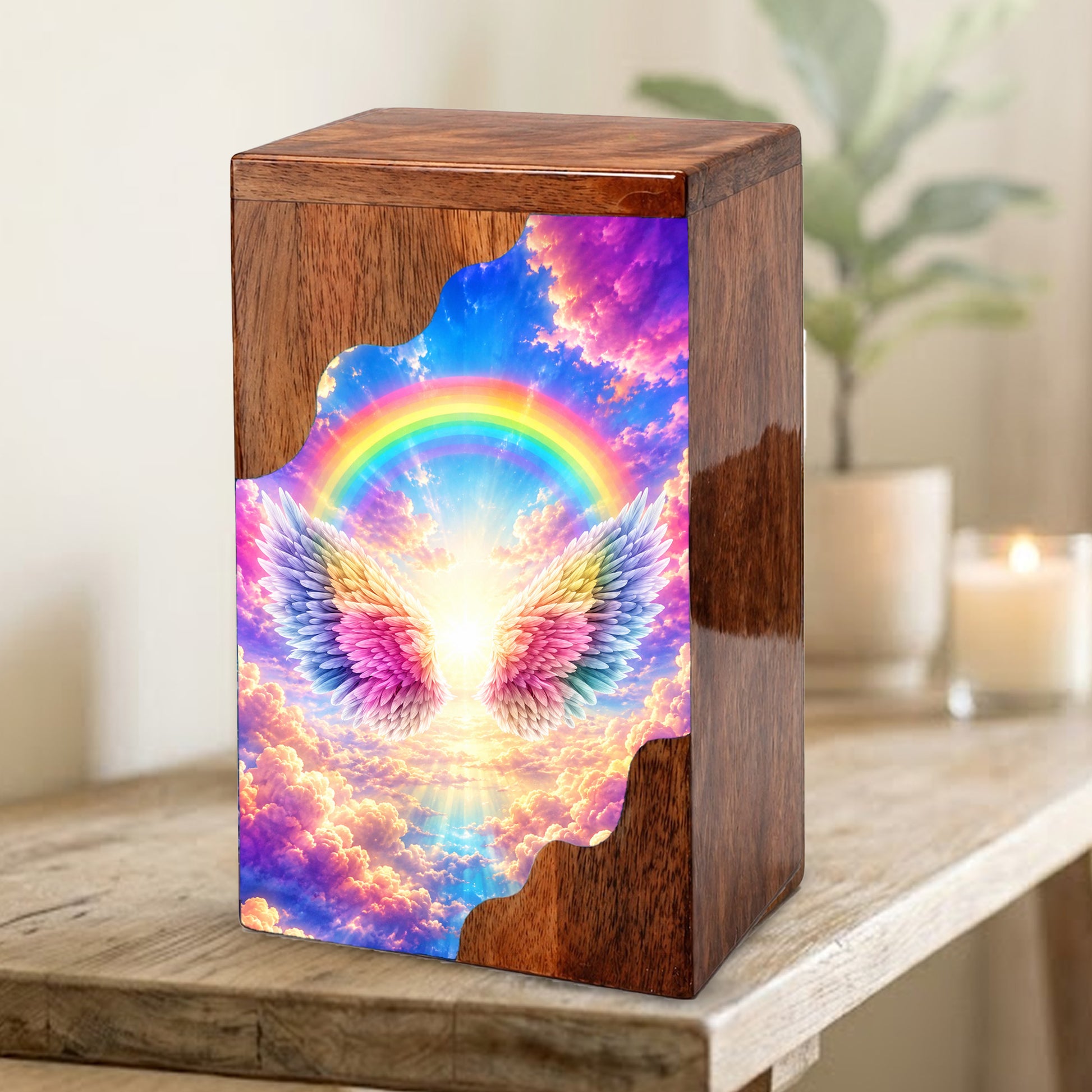 Rainbow Wings Wooden Cremation Urn – Personalized Memorial Urn for Human Ashes | Angel Wings Rainbow Memorial Urn