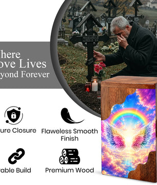 Rainbow Wings Wooden Cremation Urn – Personalized Memorial Urn for Human Ashes | Angel Wings Rainbow Memorial Urn