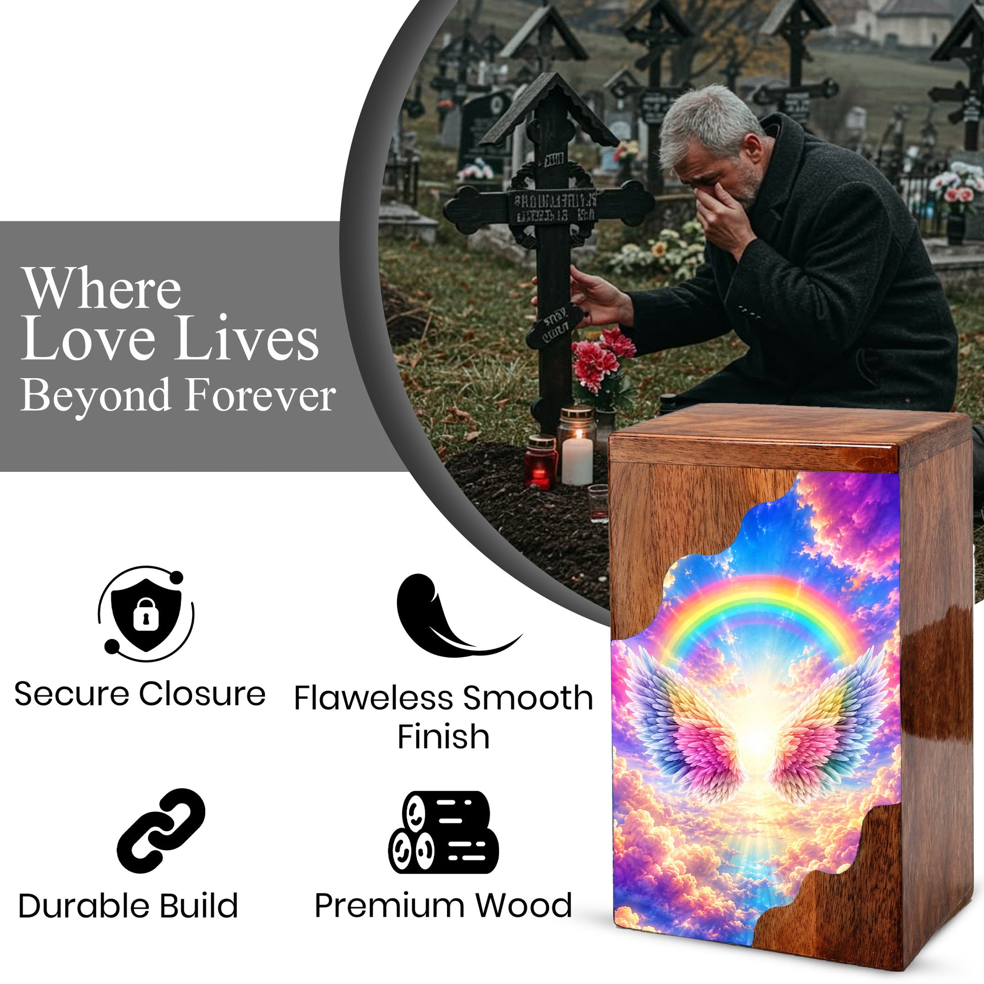 Rainbow Wings Wooden Cremation Urn – Personalized Memorial Urn for Human Ashes | Angel Wings Rainbow Memorial Urn
