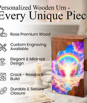 Rainbow Wings Wooden Cremation Urn – Personalized Memorial Urn for Human Ashes | Angel Wings Rainbow Memorial Urn