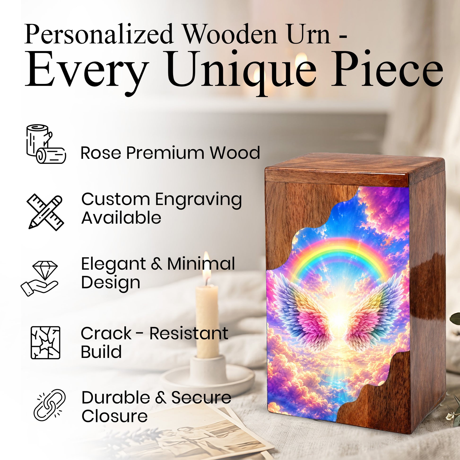 Rainbow Wings Wooden Cremation Urn – Personalized Memorial Urn for Human Ashes | Angel Wings Rainbow Memorial Urn