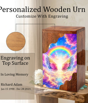 Rainbow Wings Wooden Cremation Urn – Personalized Memorial Urn for Human Ashes | Angel Wings Rainbow Memorial Urn