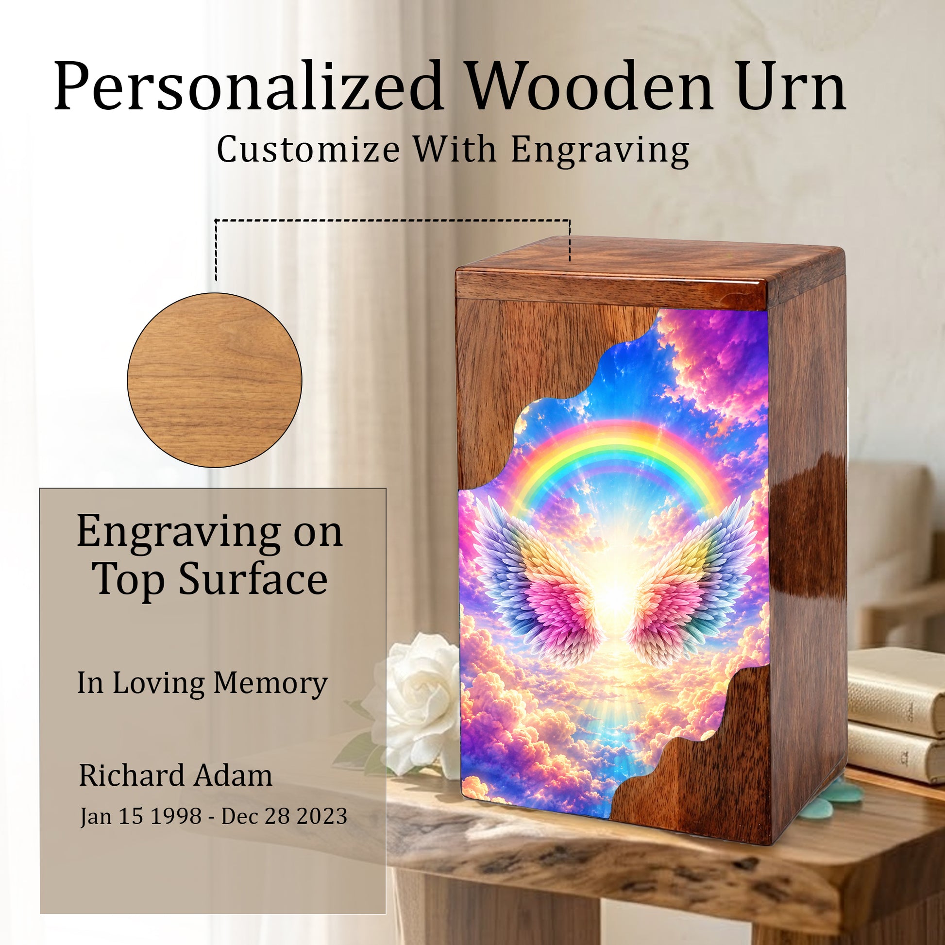 Rainbow Wings Wooden Cremation Urn – Personalized Memorial Urn for Human Ashes | Angel Wings Rainbow Memorial Urn