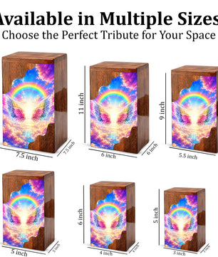 Rainbow Wings Wooden Cremation Urn – Personalized Memorial Urn for Human Ashes | Angel Wings Rainbow Memorial Urn