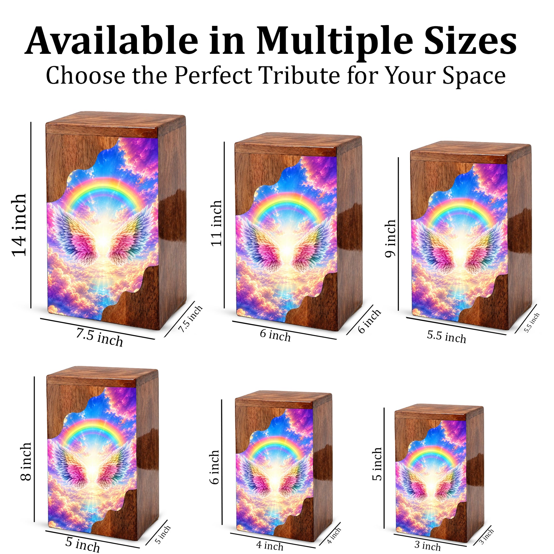 Rainbow Wings Wooden Cremation Urn – Personalized Memorial Urn for Human Ashes | Angel Wings Rainbow Memorial Urn
