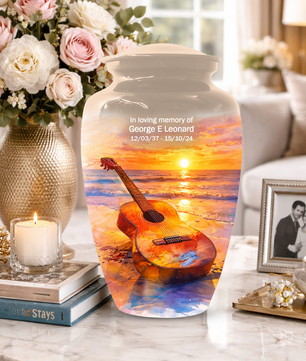 Guitar Urn for Ashes, Beach Sunset Cremation Urn, Custom Memorial Urn, Music Lover Urn
