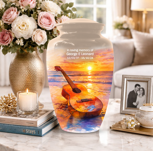 Guitar Urn for Ashes, Beach Sunset Cremation Urn, Custom Memorial Urn, Music Lover Urn