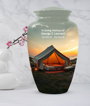 Camping Memorial Urn for Ashes – Personalized Sunset Glamping Cremation Urn for Mom& Dad