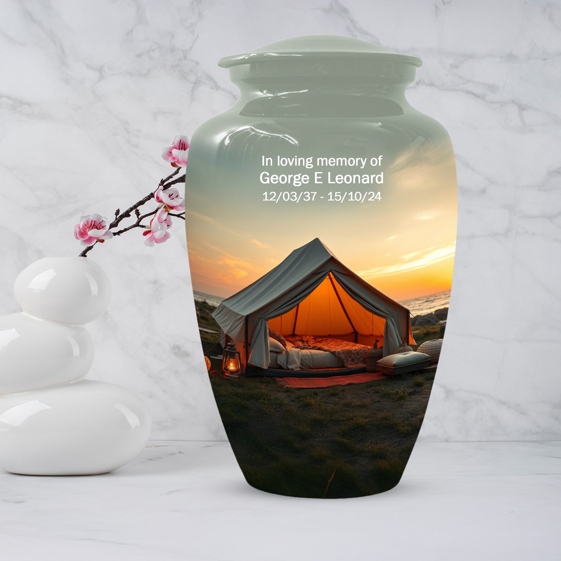 Camping Memorial Urn for Ashes – Personalized Sunset Glamping Cremation Urn for Mom& Dad