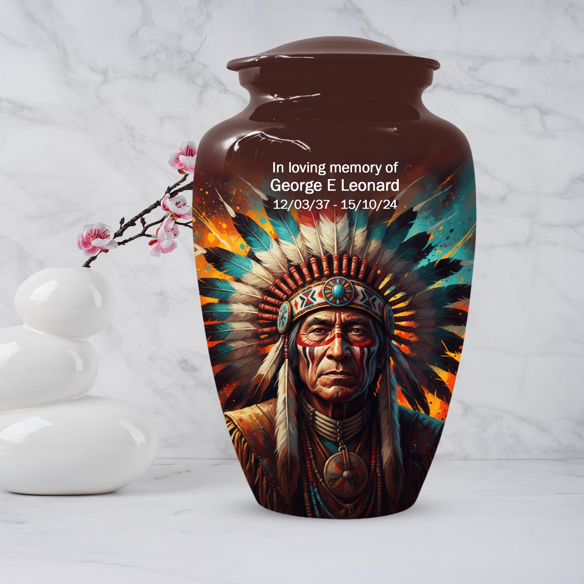 Native American Inspired Cremation Urn for Adult Ashes | Tribal Portrait Memorial Adult Urn