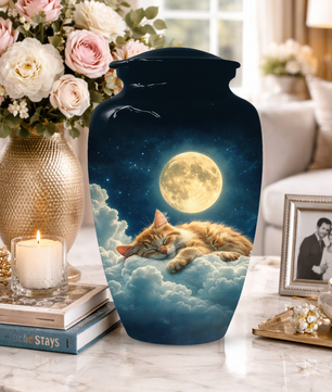 Cat Memorial Urn for Mom | Moon Cat Cremation  Large Urn for Ashes- Funeral Keepsake Urn