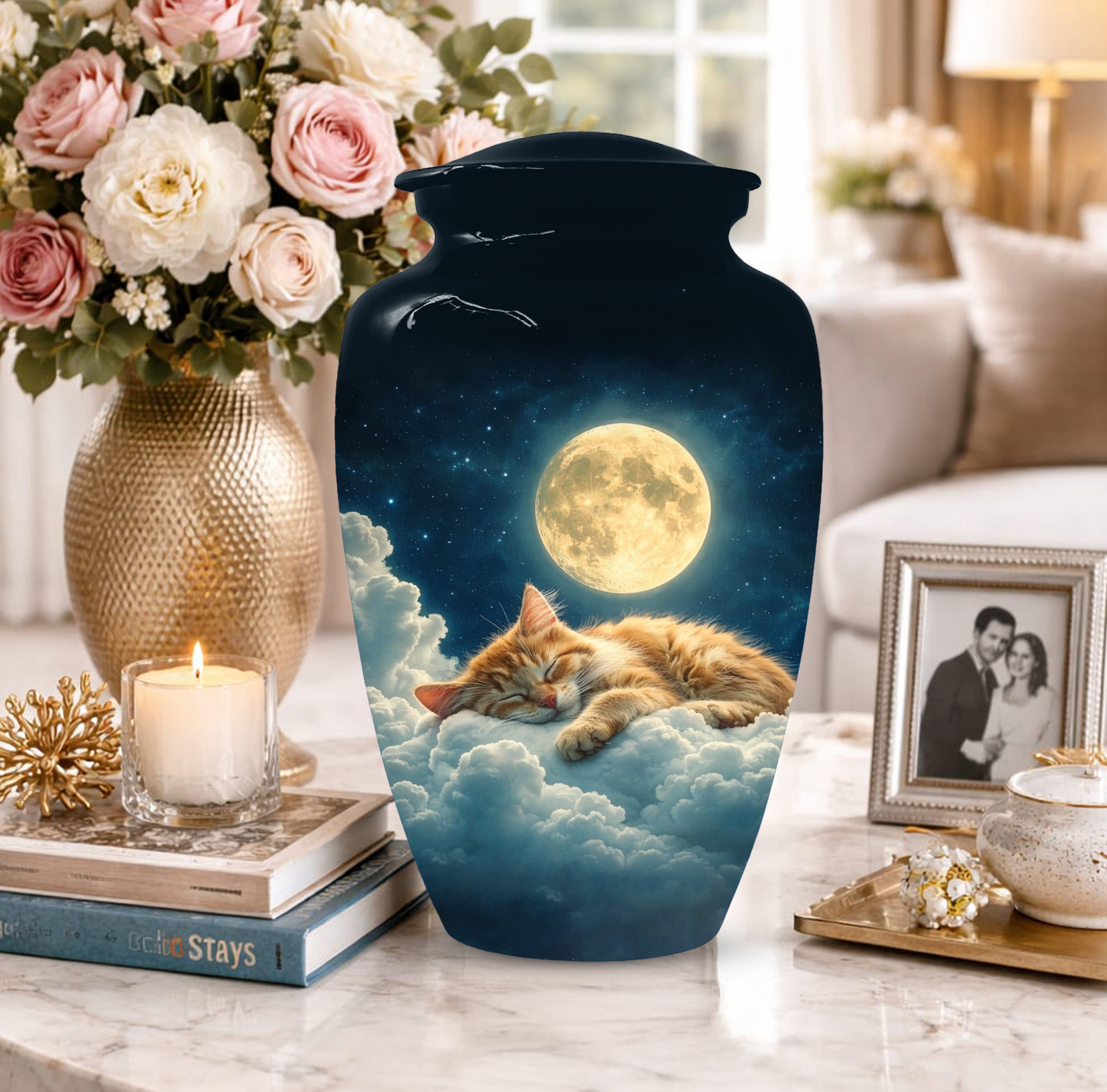 Cat Memorial Urn for Mom | Moon Cat Cremation  Large Urn for Ashes- Funeral Keepsake Urn