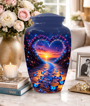 Blue Butterfly Cremation Urn for Ashes - Heart Beach Sunset Keepsake Urns