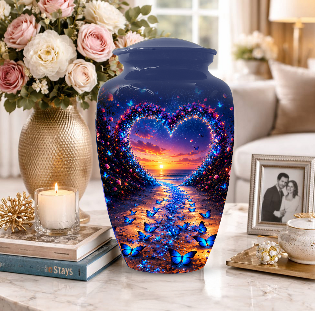 Blue Butterfly Cremation Urn for Ashes - Heart Beach Sunset Keepsake Urns