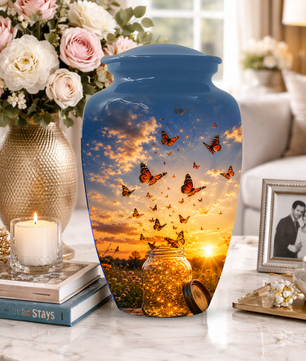 Orange Butterfly Memorial Urn For Mom - Sunset Memorial Keepsake Urn For Ashes
