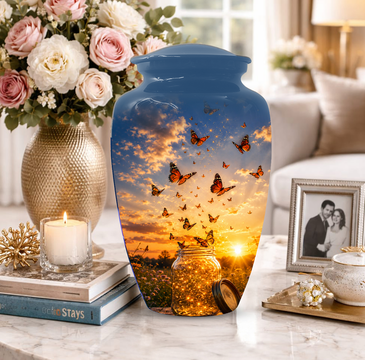 Orange Butterfly Memorial Urn For Mom - Sunset Memorial Keepsake Urn For Ashes