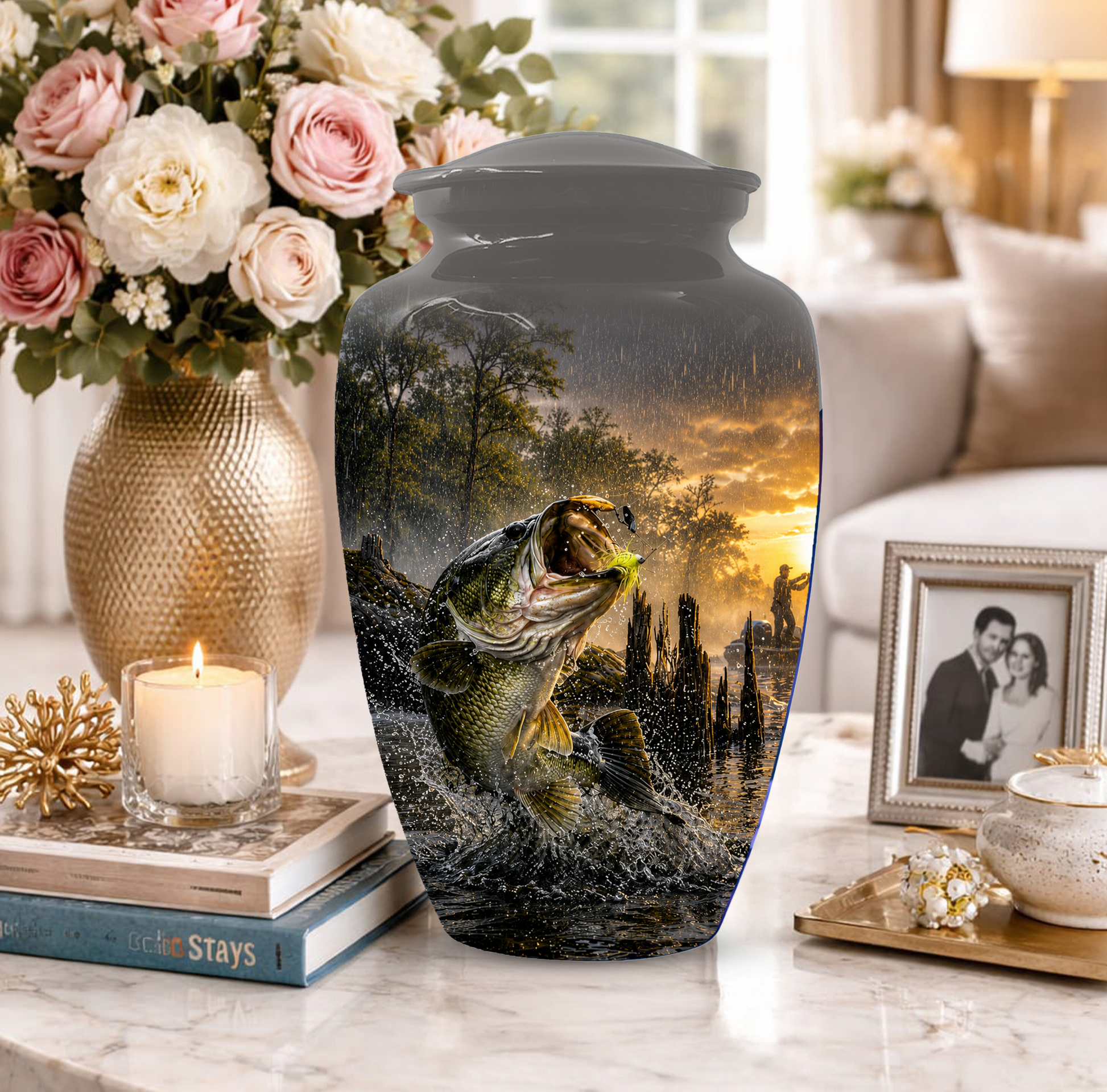 Fishing Urn for Dad - Bass Fisherman Memorial KeepsakeUrns,Personalized Lake Tribute