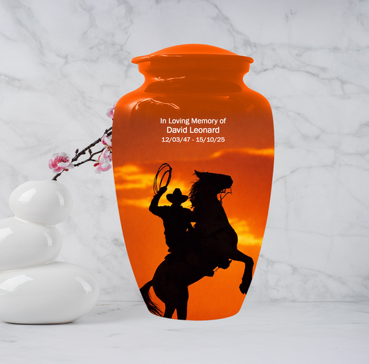 Personalized Cowboy Urn for Ashes | Western Horse Cremation Urn for Dad
