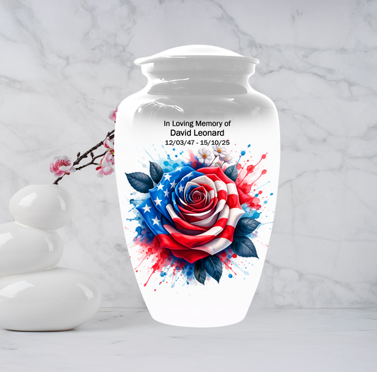 American Flag Rose Urn for Ashes, Patriotic Memorial Urn, Veteran Cremation Urn