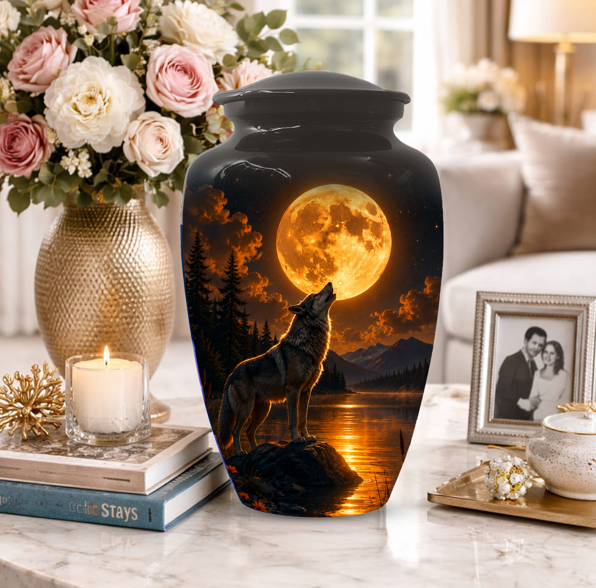 Wolf Cremation Urn for Dad - Mountain Lake Memorial Large Keepsake Urns
