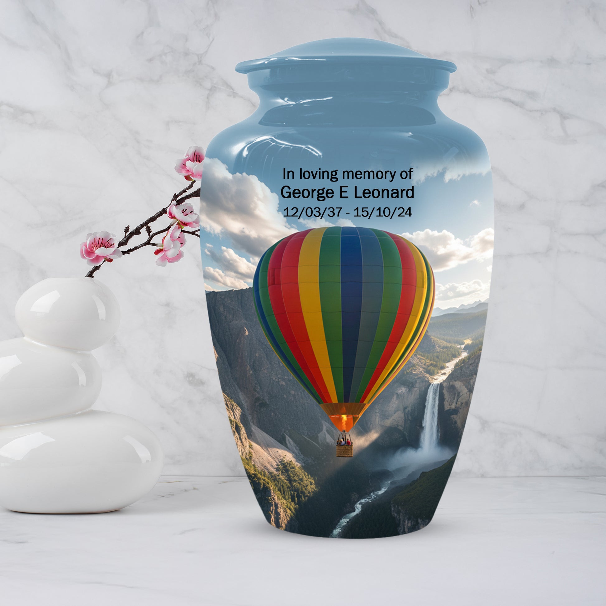 Hot Air Balloon Cremation Urn for Adult Ashes | Scenic Mountain & Waterfall Memorial Adult Urn