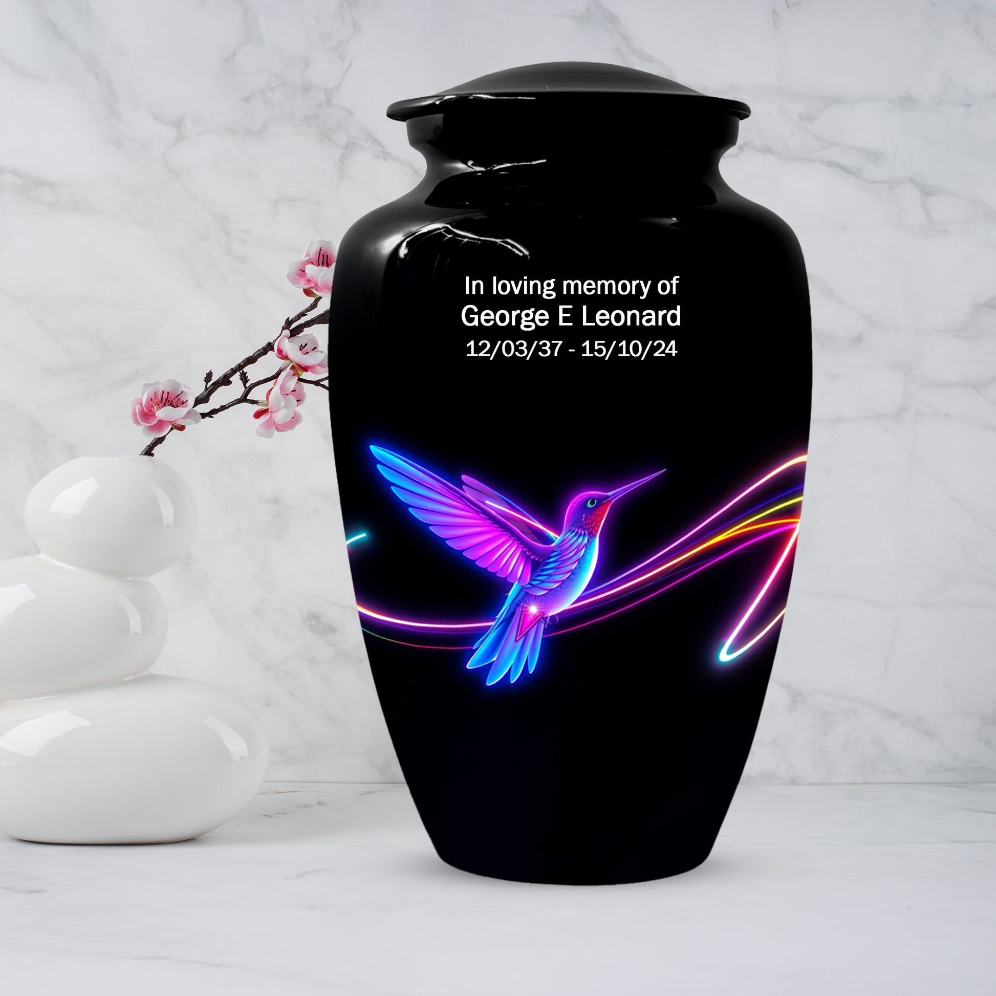 Personalized Neon Hummingbird Urn for Ashes – Modern Custom Adult Cremation Urn,