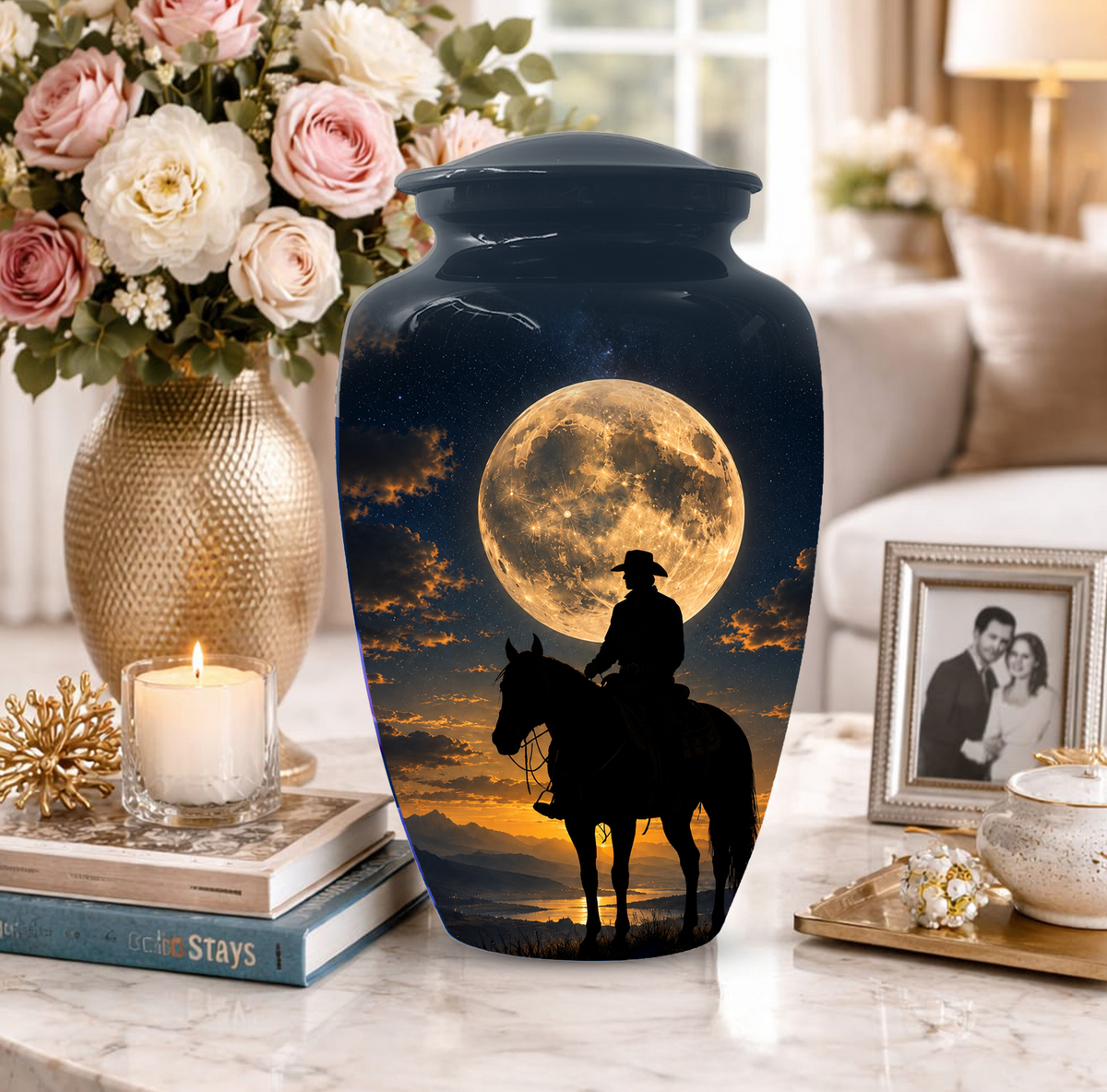 Cowboy Cremation Urn for Dad, Western Horse Memorial Urn for Ashes