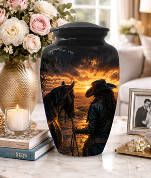 Cowgirl Cremation Urn for Mom - Western Horse Memorial Keepsake Urns | Sunset Equestrian Tribute