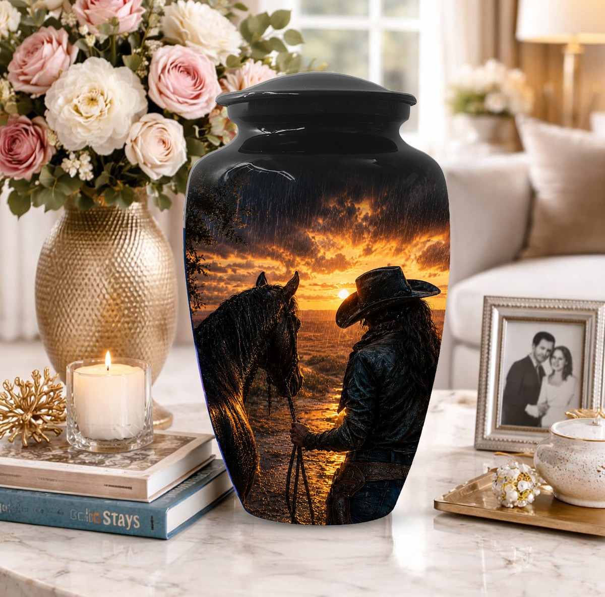 Cowgirl Cremation Urn for Mom - Western Horse Memorial Keepsake Urns | Sunset Equestrian Tribute