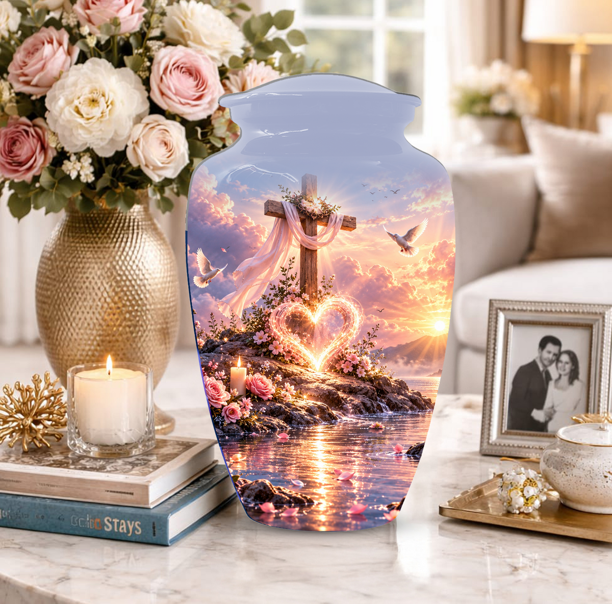 Christian Cremation Urn for Mom - Cross & Dove Extra Large Keepsake Urn
