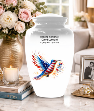 Patriotic Hummingbird Urn for Ashes, American Flag Cremation Urn