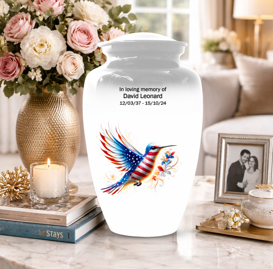 Patriotic Hummingbird Urn for Ashes, American Flag Cremation Urn