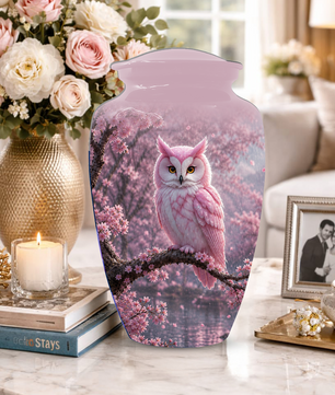 Pink Owl Cremation Urn for Mom, Cherry Blossom Memorial Urns for Ashes